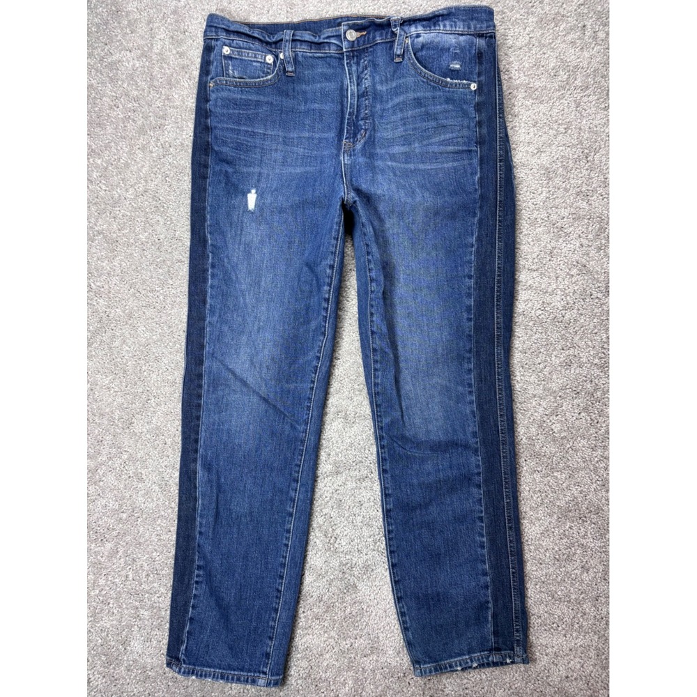 J.Crew Women 32(Measured 34) 2-Tone Tuxedo Stripe Jeans Med Wash Distressed
